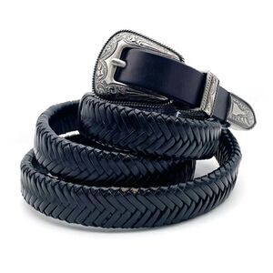 Y2K Lucky Brand Black Braided Leather Belt XL Silver Western Buckle Rodeo 1997